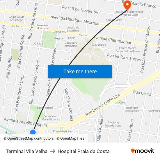 Terminal Vila Velha to Hospital Praia da Costa map