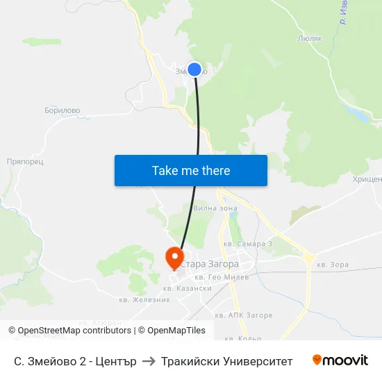 С. Змейово 2 - Център to Тракийски Университет map