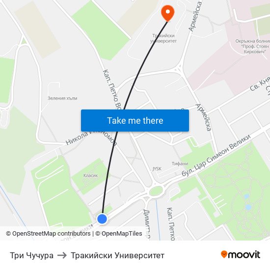 Три Чучура to Тракийски Университет map