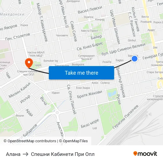 Алана to Спешни Кабинети При Опл map