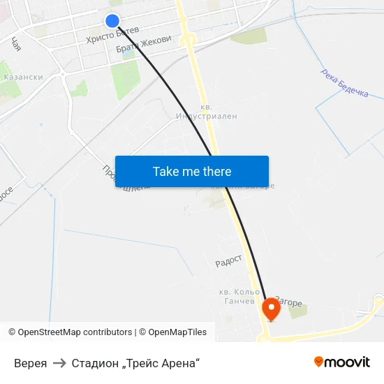 Верея to Стадион „Трейс Арена“ map