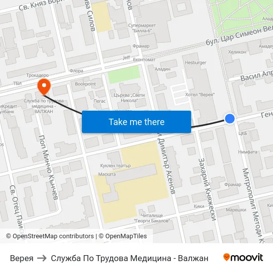 Верея to Служба По Трудова Медицина - Валжан map