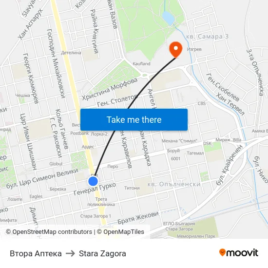 Втора Аптека to Stara Zagora map