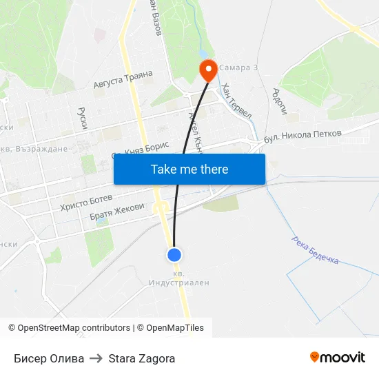 Бисер Олива to Stara Zagora map