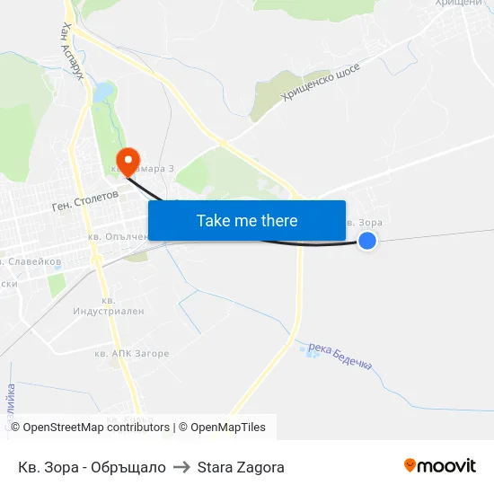 Кв. Зора - Обръщало to Stara Zagora map