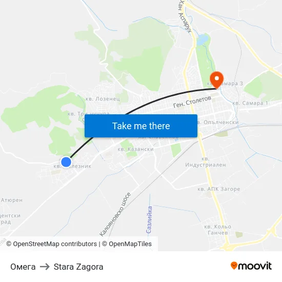 Омега to Stara Zagora map