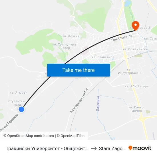 Тракийски Университет - Общежития to Stara Zagora map