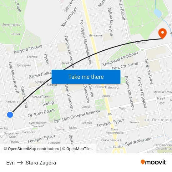 Evn to Stara Zagora map