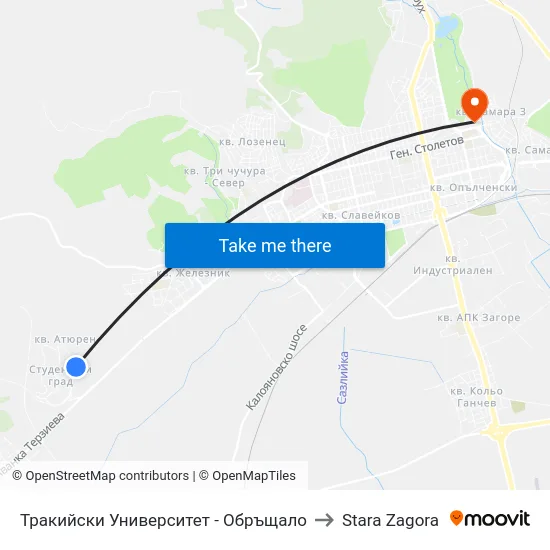Тракийски Университет - Обръщало to Stara Zagora map