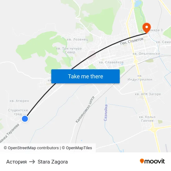 Астория to Stara Zagora map