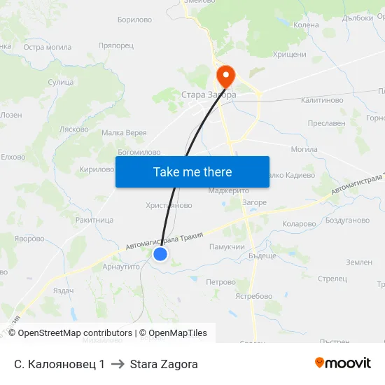 С. Калояновец 1 to Stara Zagora map