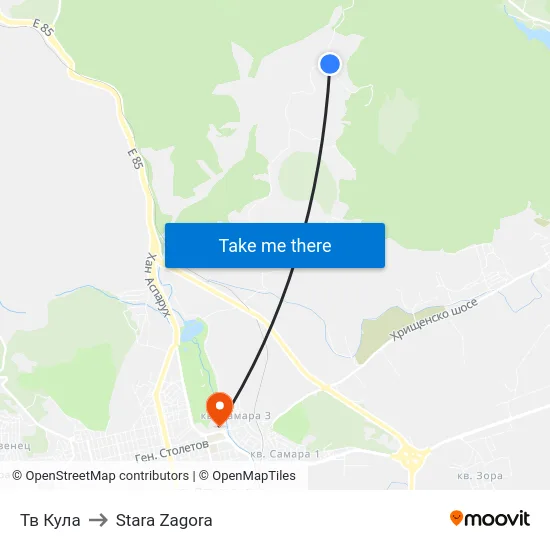 TV Tower to Stara Zagora map