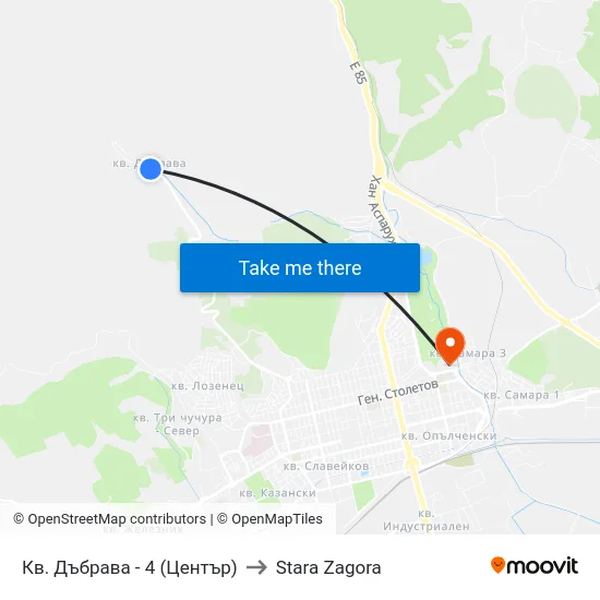 Кв. Дъбрава - 4 (Център) to Stara Zagora map