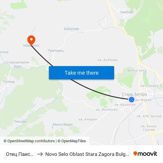 Отец Паисий to Novo Selo Oblast Stara Zagora Bulgaria map