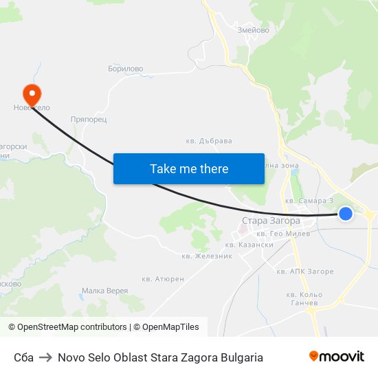 Сба to Novo Selo Oblast Stara Zagora Bulgaria map