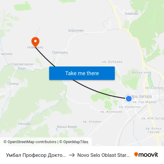 Умбал Професор Доктор Стоян Киркович to Novo Selo Oblast Stara Zagora Bulgaria map