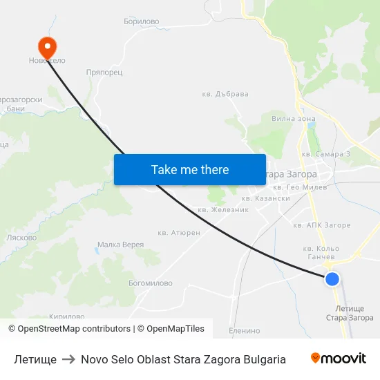 Летище to Novo Selo Oblast Stara Zagora Bulgaria map