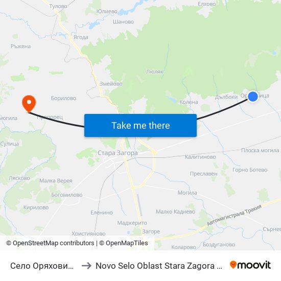 Село Оряховица - 1 to Novo Selo Oblast Stara Zagora Bulgaria map