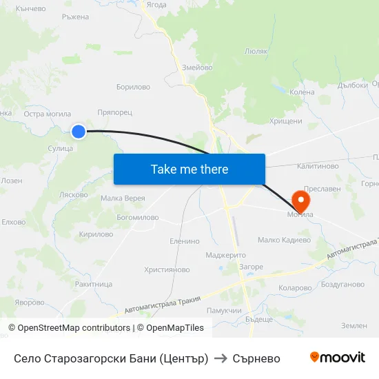 Село Старозагорски Бани (Център) to Сърнево map