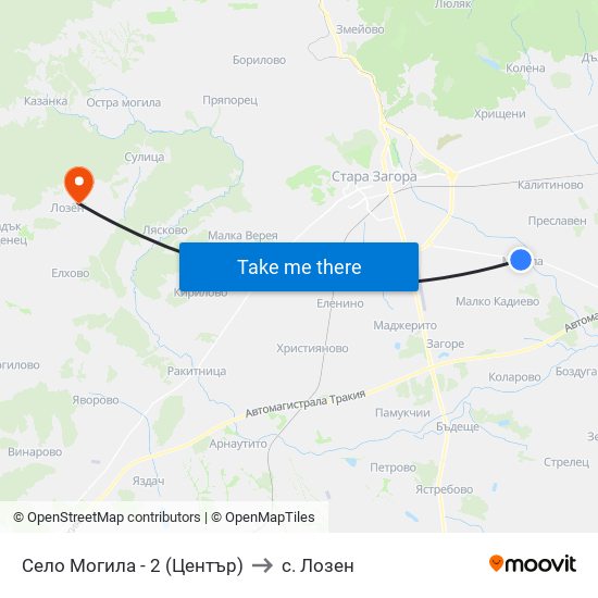 Село Могила - 2 (Център) to с. Лозен map