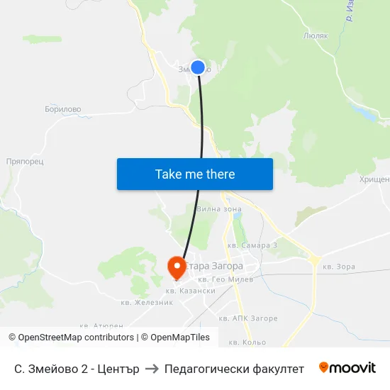 С. Змейово 2 - Център to Педагогически факултет map