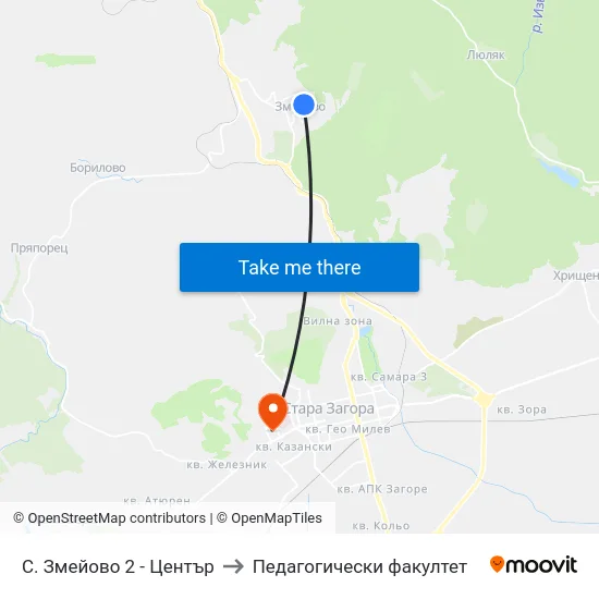 С. Змейово 2 - Център to Педагогически факултет map