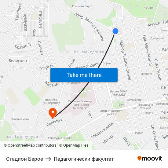 Стадион Берое to Педагогически факултет map