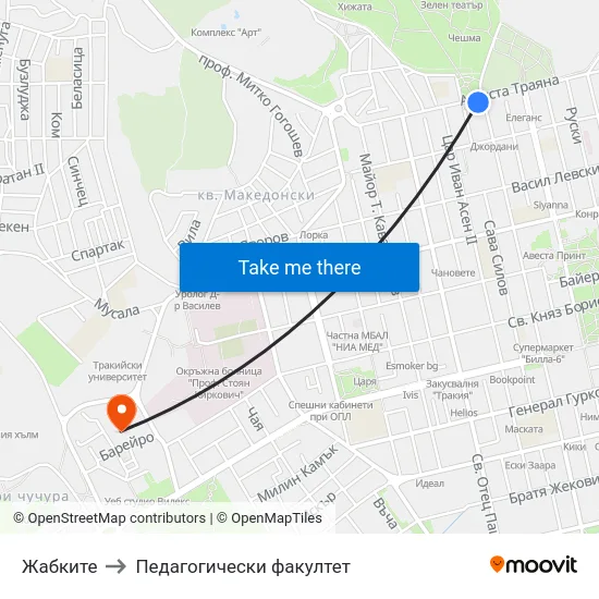 Жабките to Педагогически факултет map