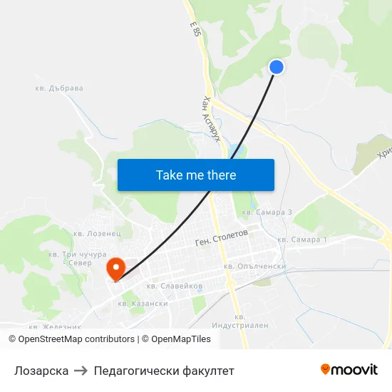 Лозарска to Педагогически факултет map