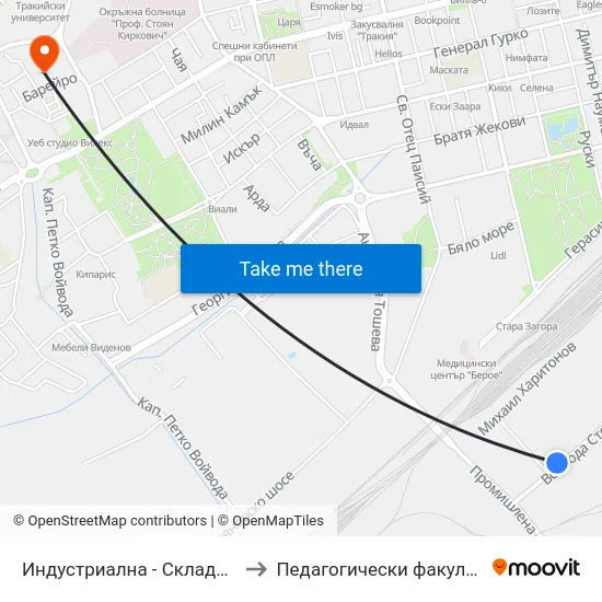 Индустриална - Складове to Педагогически факултет map