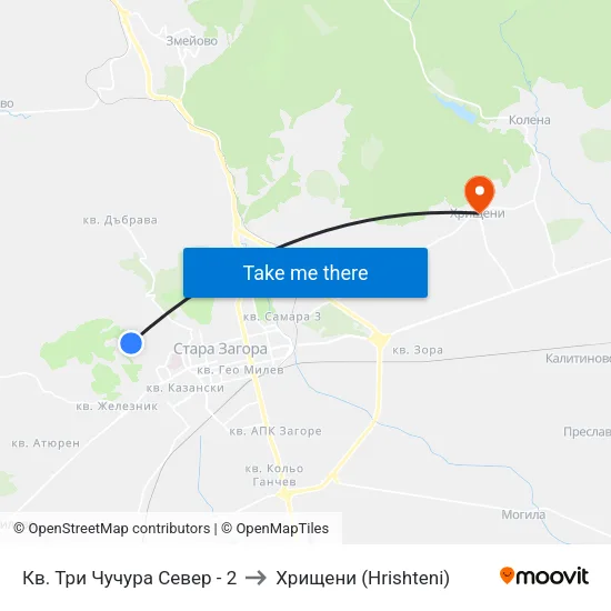 Кв. Три Чучура Север - 2 to Хрищени (Hrishteni) map