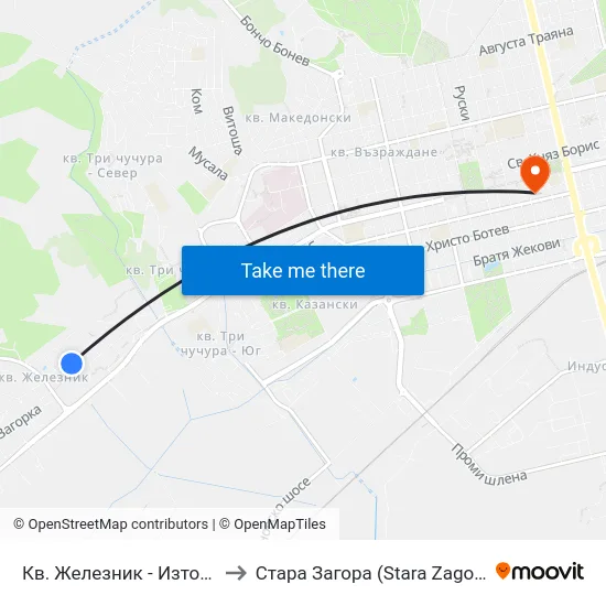 Кв. Железник - Изток 1 to Стара Загора (Stara Zagora) map