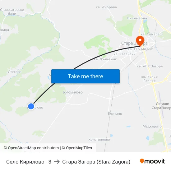Село Кирилово - 3 to Стара Загора (Stara Zagora) map