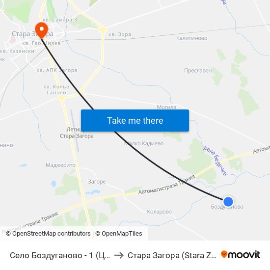Село Боздуганово - 1 (Център) to Стара Загора (Stara Zagora) map