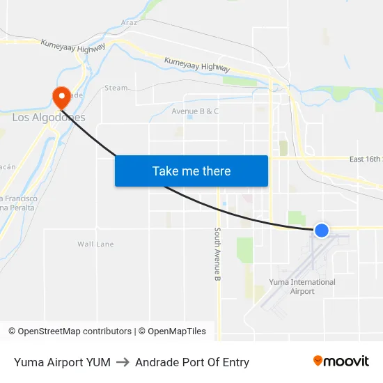 Yuma Airport YUM to Andrade Port Of Entry map