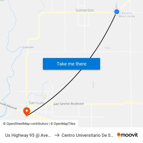 Us Highway 95 @ Avenue C to Centro Universitario De Sonora map