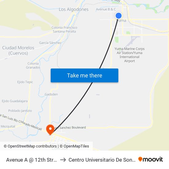 Avenue A @ 12th Street to Centro Universitario De Sonora map