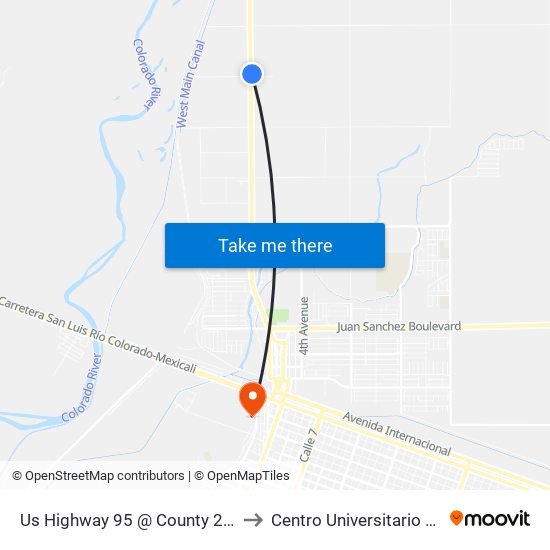 Us Highway 95 @ County 20 1/2 Street to Centro Universitario De Sonora map