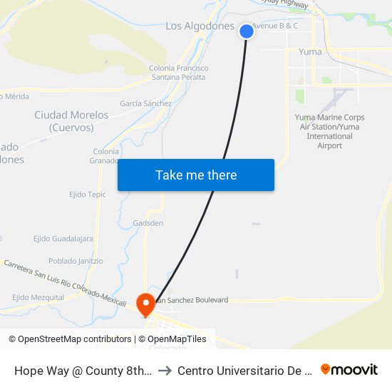 Hope Way @ County 8th Street to Centro Universitario De Sonora map