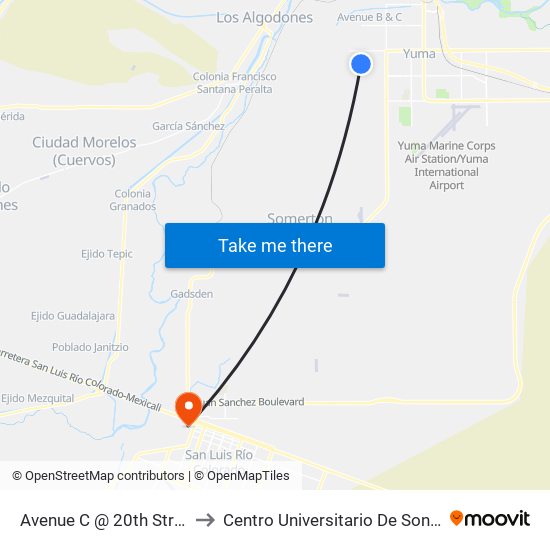 Avenue C @ 20th Street to Centro Universitario De Sonora map