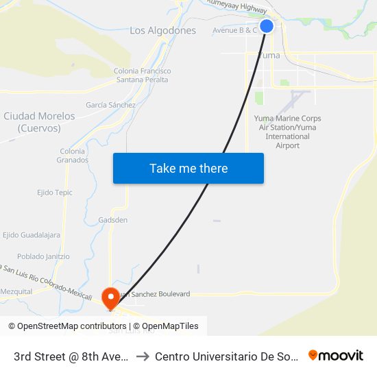 3rd Street @ 8th Avenue to Centro Universitario De Sonora map