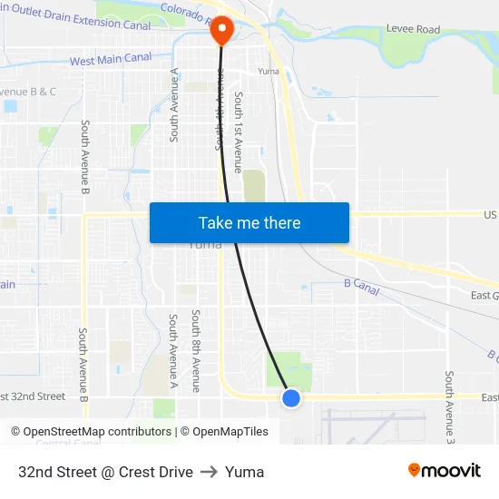 32nd Street @ Crest Drive to Yuma map