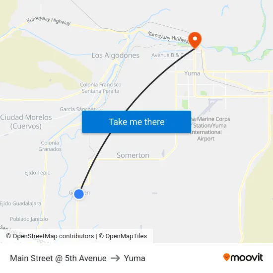 Main Street @ 5th Avenue to Yuma map