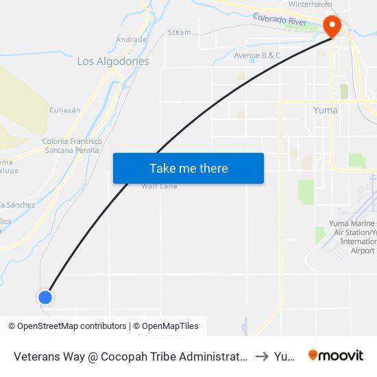 Veterans Way @ Cocopah Tribe Administration to Yuma map