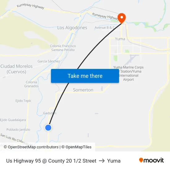 Us Highway 95 @ County 20 1/2 Street to Yuma map