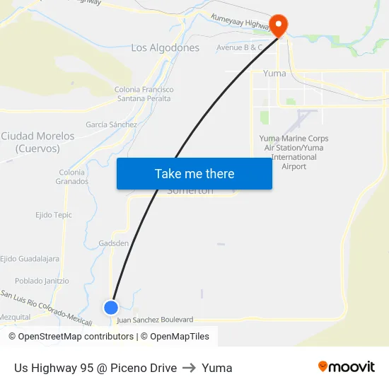 Us Highway 95 @ Piceno Drive to Yuma map