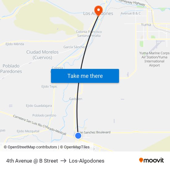 4th Avenue @ B Street to Los-Algodones map