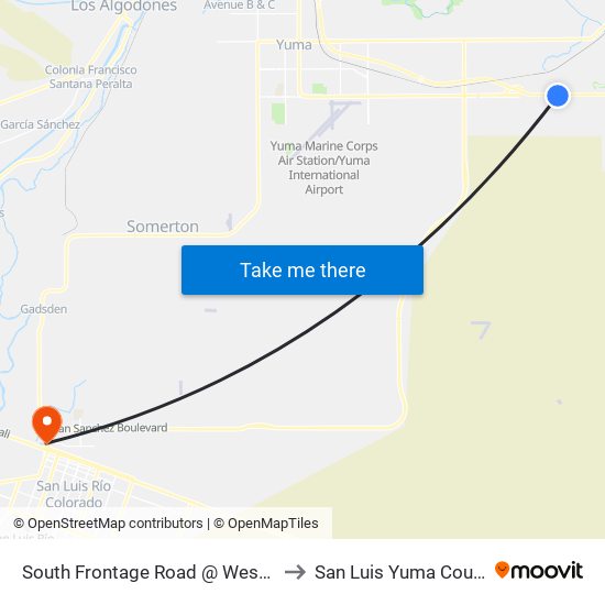 South Frontage Road @ Westwind Boulevard to San Luis Yuma County AZ USA map