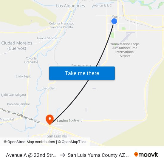 Avenue A @ 22nd Street to San Luis Yuma County AZ USA map
