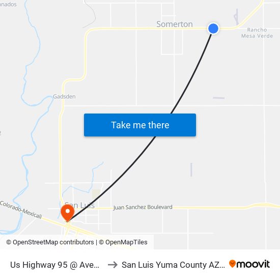 Us Highway 95 @ Avenue D to San Luis Yuma County AZ USA map